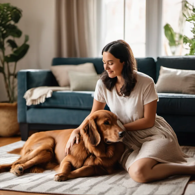 Woman sitting on a living room floor smiling as a calm golden retriever lies beside her, illustrating the bond between owner and dog during brushing time
