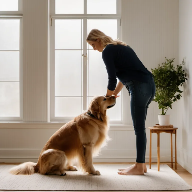 Calm golden retriever standing on a soft cream rug while a woman bends over to brush its side, illustrating the Sunday at-home brushing routine