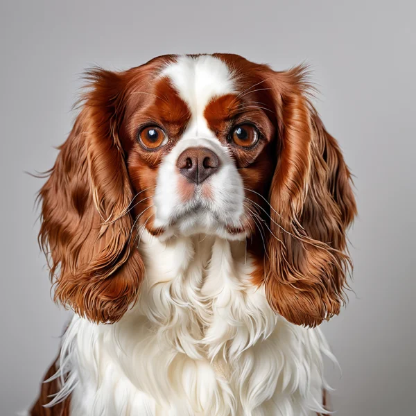 Blenheim Cavalier King Charles Spaniel studio portrait with chestnut and white feathered coat