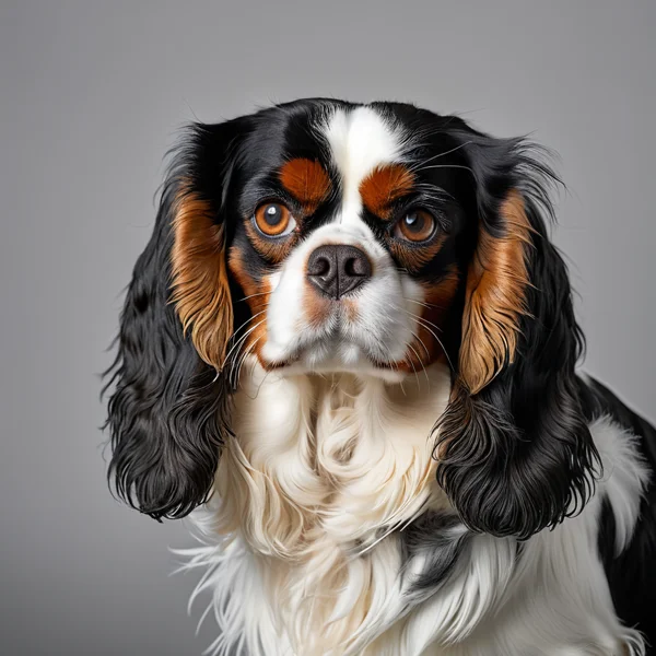 Tricolor Cavalier King Charles Spaniel studio portrait with black white and tan feathered coat