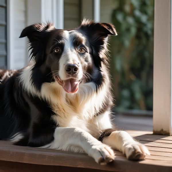 A Border Collie resting calmly on a wooden porch after exercise