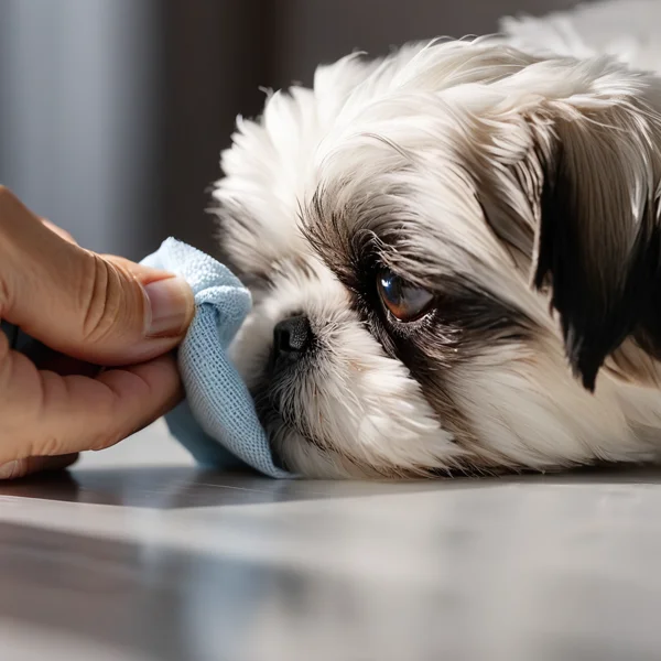 A person gently wiping the inner corner of a small Shih Tzu dog's eye with a soft cloth