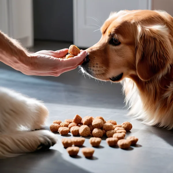 A hand offering small training treats to a focused Golden Retriever
