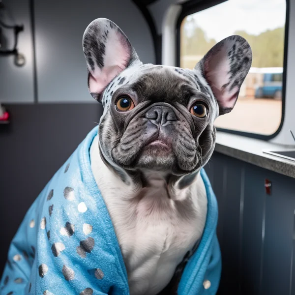 Blue merle French Bulldog in a mobile grooming van wearing a soft blue robe