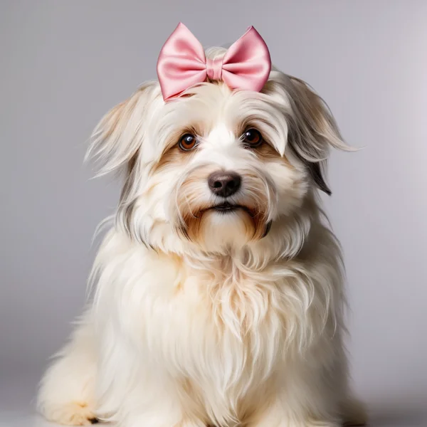 Cream and white Havanese studio portrait with silky wavy coat and pink hair bow