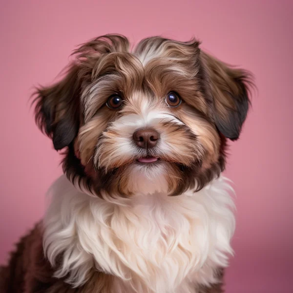 Chocolate brown and white Havanese studio portrait with soft wavy coat and gentle expression