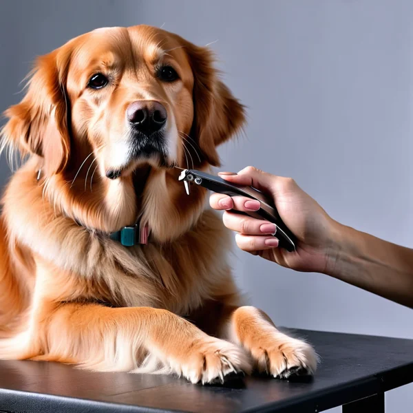 A groomer trimming a Golden Retriever's nails with a nail clipper on a grooming table