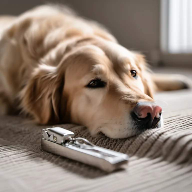 Calm golden retriever lying on a soft blanket with nail clippers nearby, illustrating routine paw and nail care