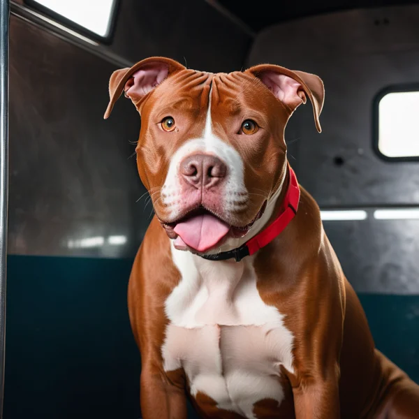 Red-nose American Pit Bull Terrier in a mobile grooming van with a big pibble smile