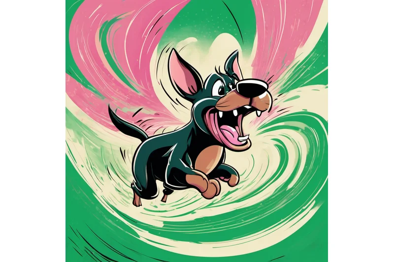Cartoon illustration of a small dog caught in a Tasmanian Devil-style tornado whirlwind, classic Saturday morning cartoon aesthetic.